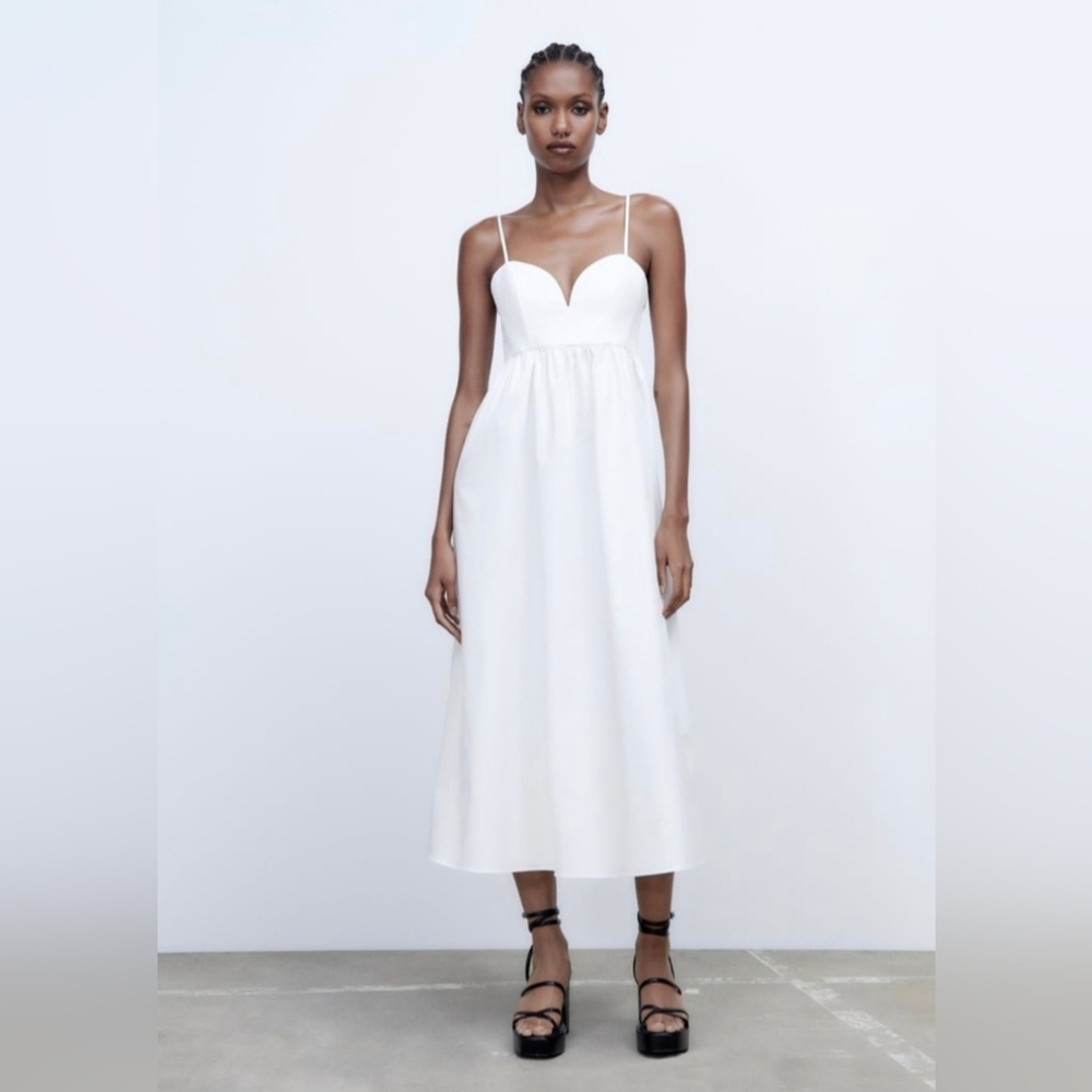 Zara Poplin Midi Dress with Sweetheart Neckline M